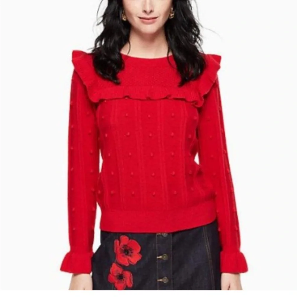Kate Spade Wool RuffleYoke Textured Vibrant Red Sweater sz XS